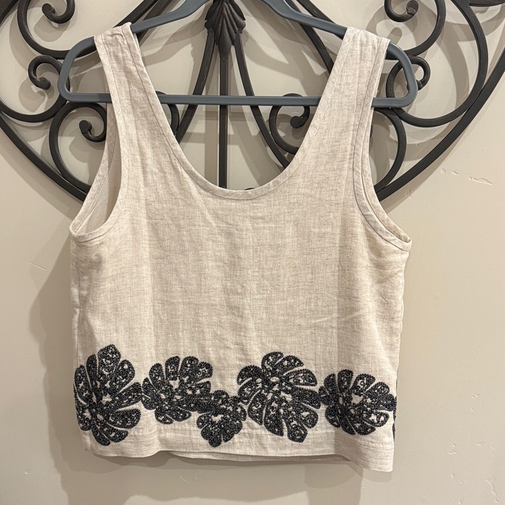 New✨Banana Republic Embroidered Linen Tank Top - Black and Cream size S - Picture 3 of 8